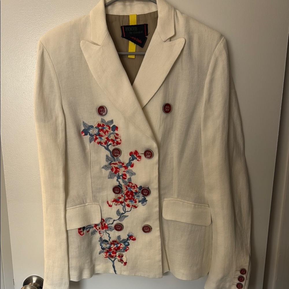 Femme by Michele R Cream Blazer with Red Floral Embroidery